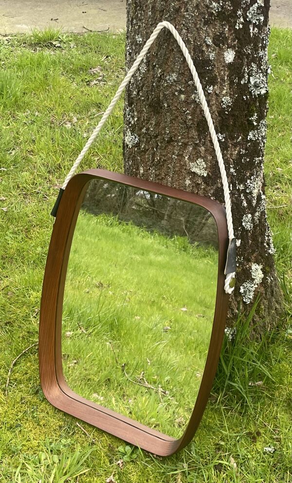 Ancien miroir teck scandinave forme tonneau vintage 50/60