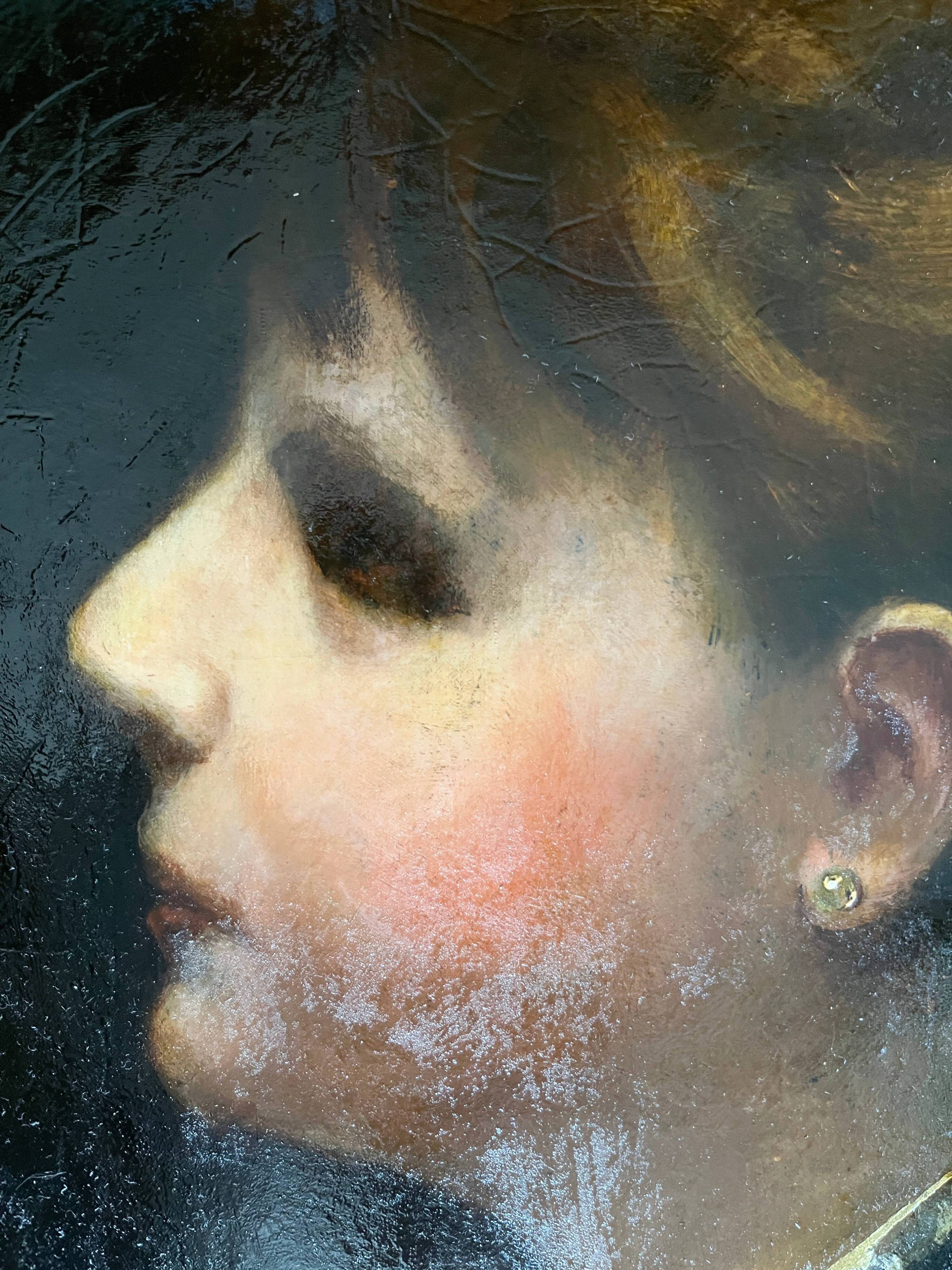 HST painting "Portrait of a young woman with a red bow" 19th century for restoration