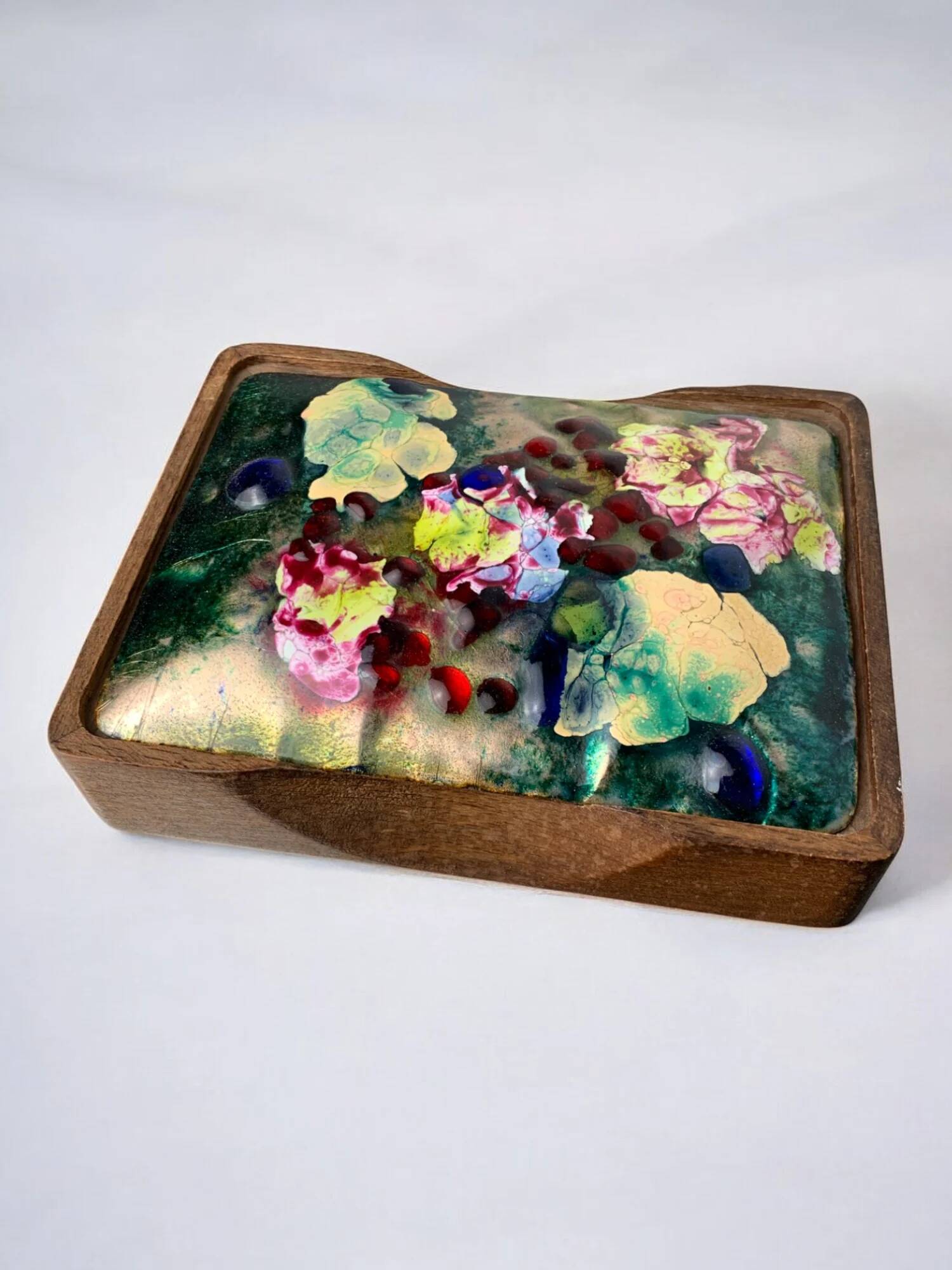 Modernist wood and enamel vanity box by J. Capo Esmaltes, 1970s, Spain