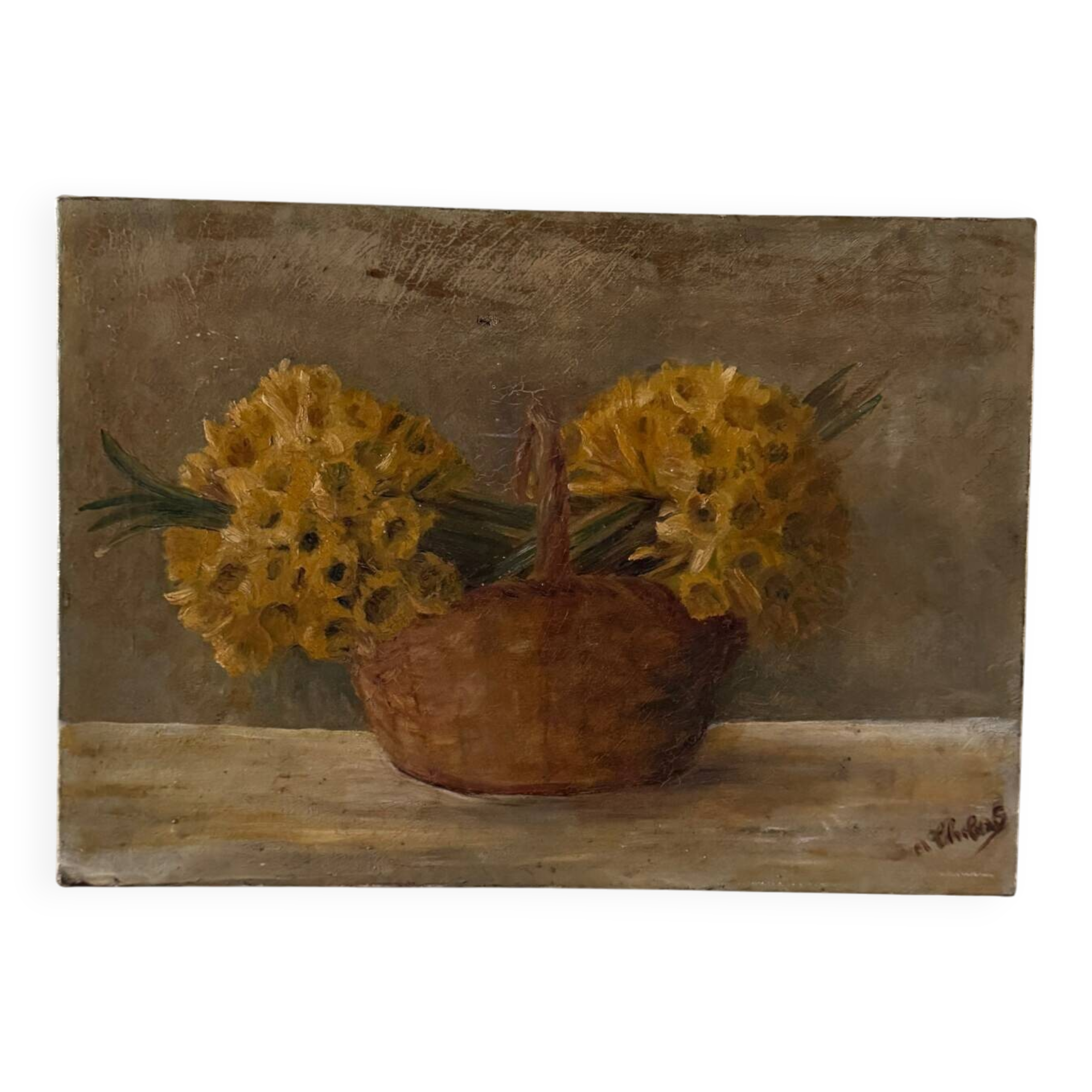 Oil on canvas still life bouquets of daffodils in a basket 20th century
