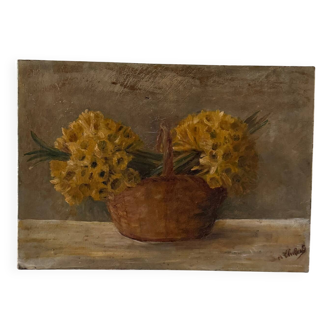 Huile sur toile nature morte bouquets de jonquilles dans un panier XXe