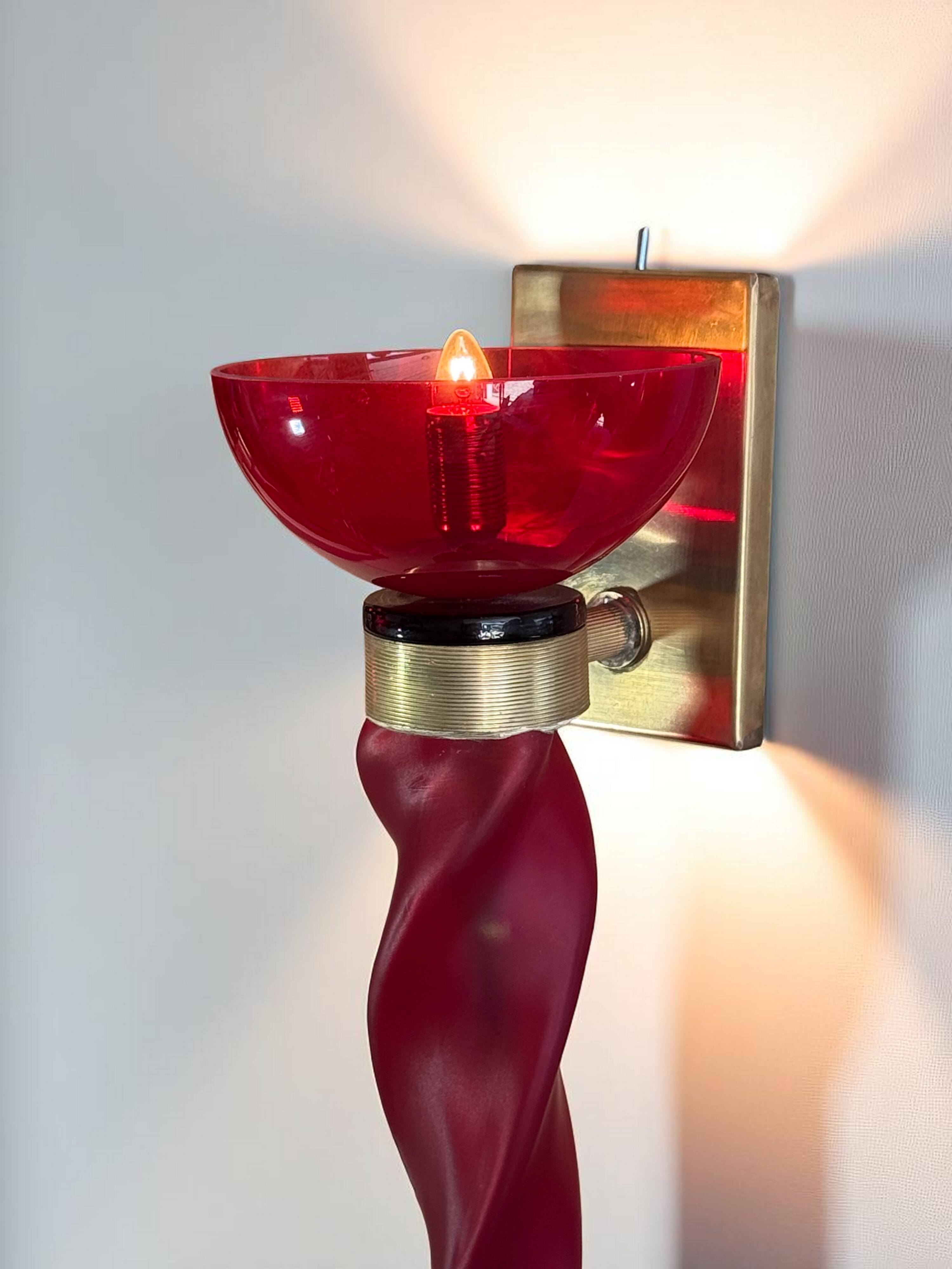 Pair of 62 cm murano torchere wall lights in red tinted glass and brass