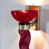 Pair of 62 cm murano torchere wall lights in red tinted glass and brass