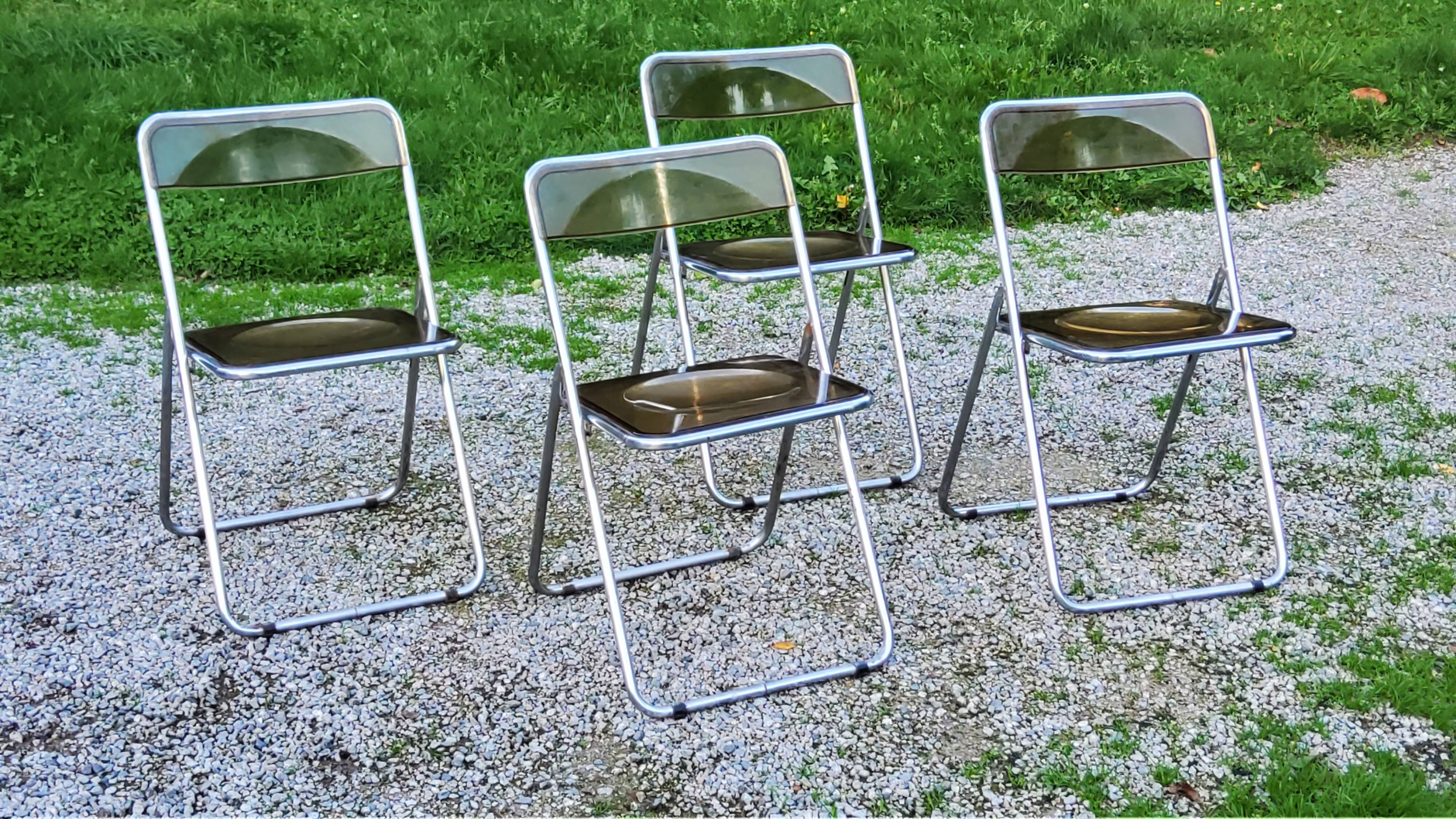 Set of 4 70s design folding chairs in smoked plexiglass and chrome metal