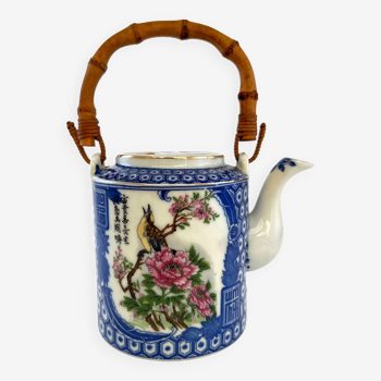 Japanese porcelain teapot with bamboo handle geisha décor and bird on flowers