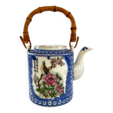 Japanese porcelain teapot with bamboo handle geisha décor and bird on flowers