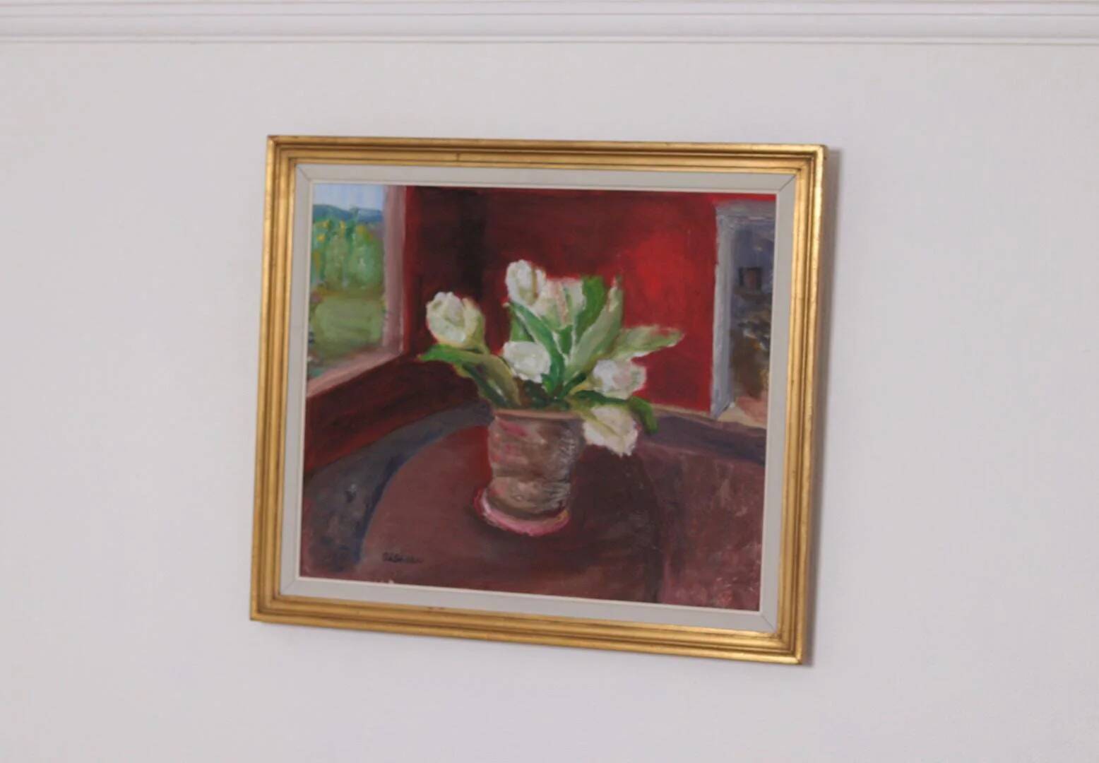 Original Swedish Oil on Canvas – “White Roses” by Aina Schiller, Arvika