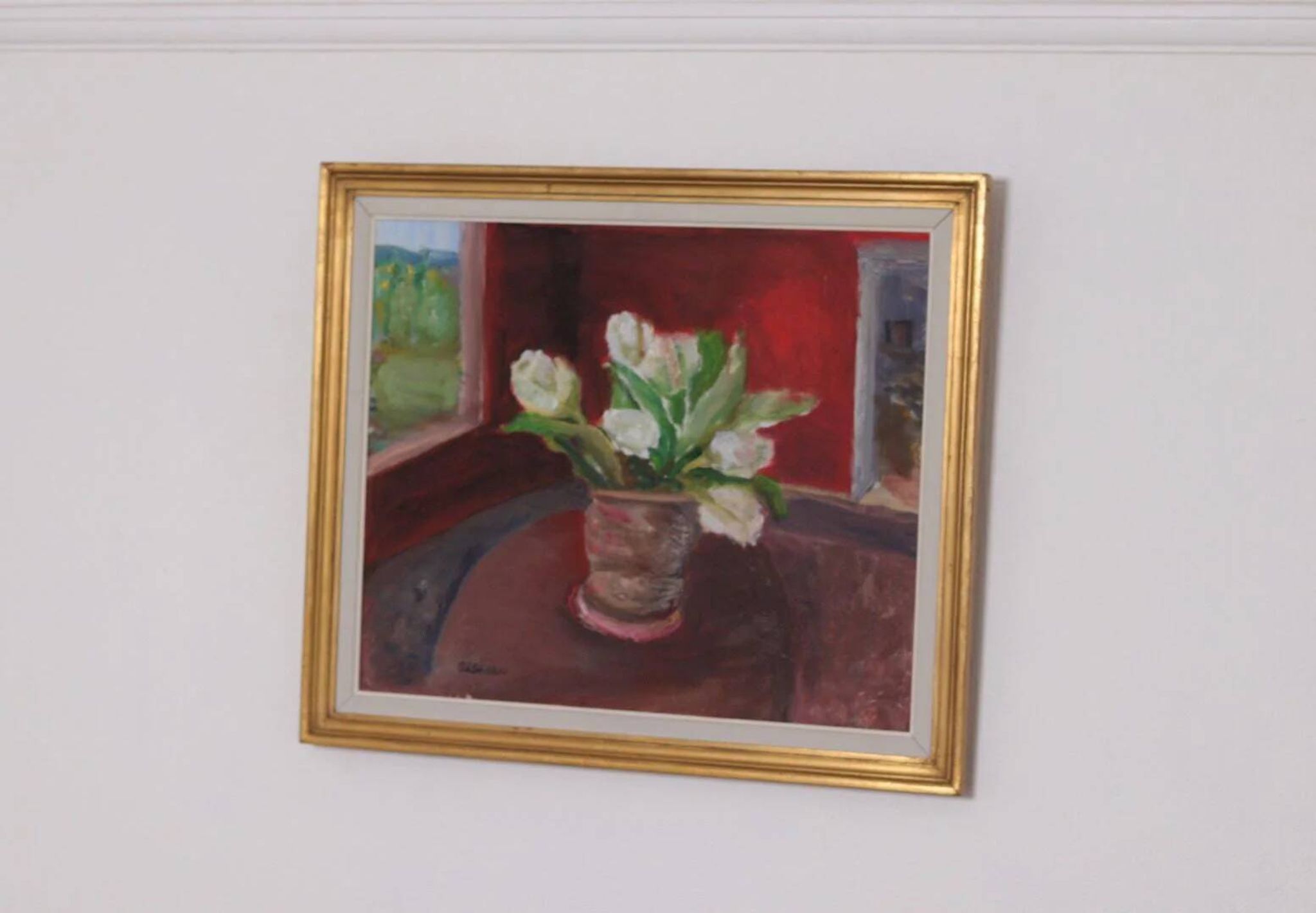 Huile sur toile originale suédoise – « Roses blanches » par Aina Schiller, Arvika