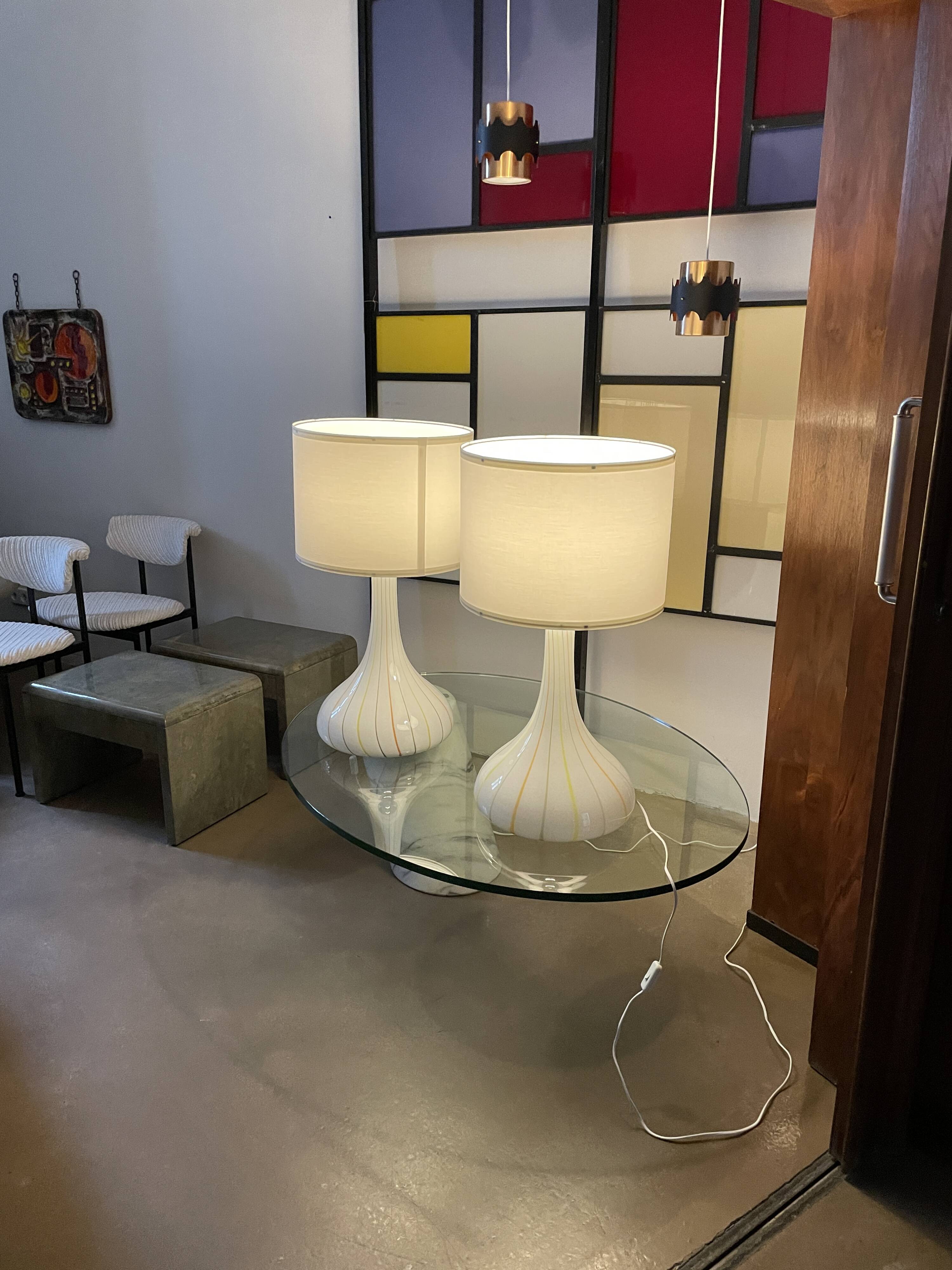 Pair of 1970s tall White Glass Table Lamps model "Candy" by Holmegaard