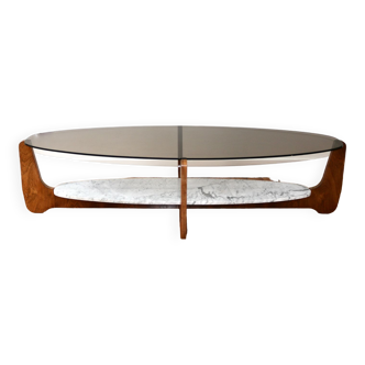 Table basse vintage marbre et palissandre Hugues Poignant 1960