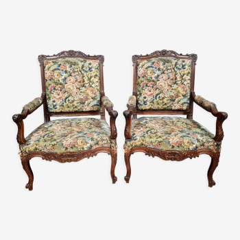 Pair of Louis XV style armchairs in walnut around 1850