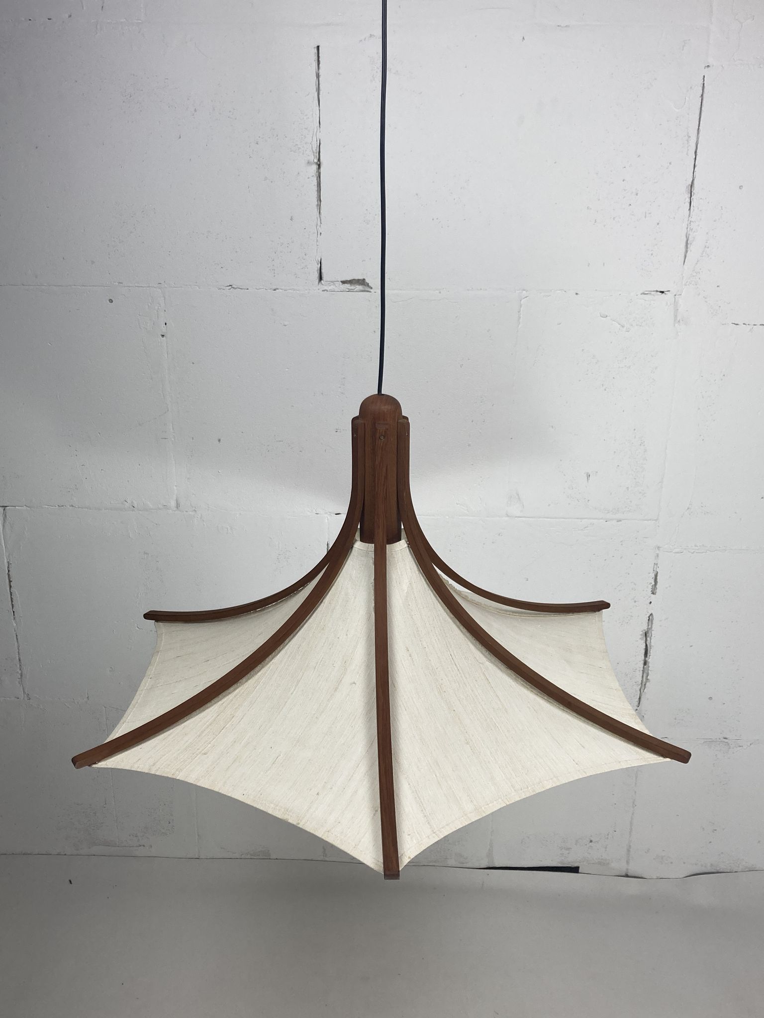 Teak and linen umbrella counter balance pendant by Domus, 1970s