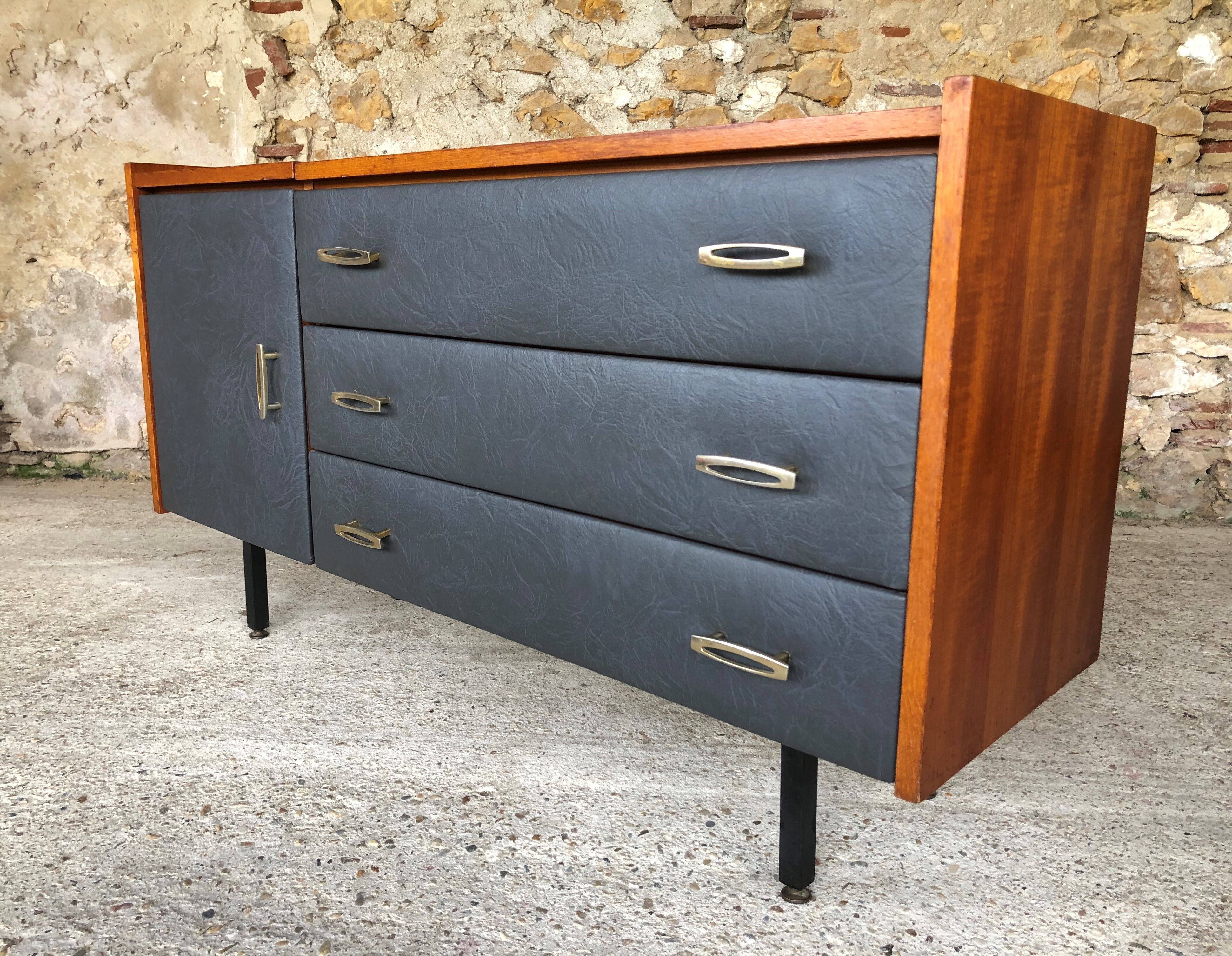 Vintage modular chest of drawers in teak and grey skaï, circa 60's