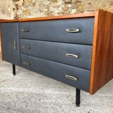 Vintage modular chest of drawers in teak and grey skaï, circa 60's