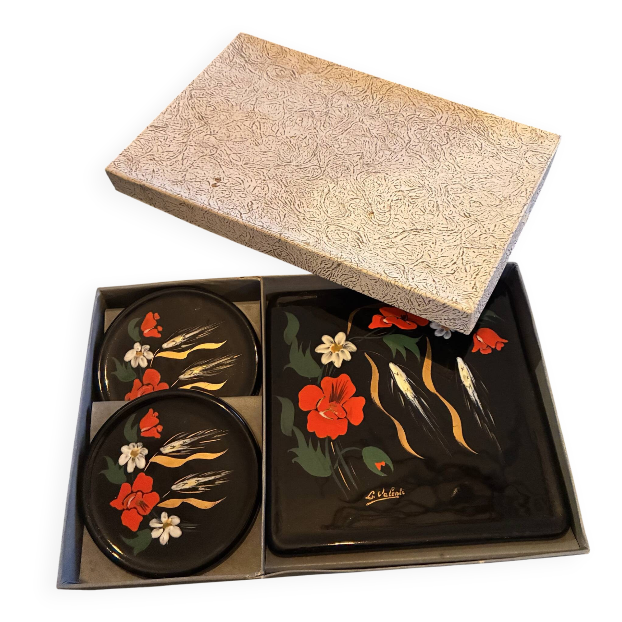 Vintage Table Set Enamels of Longwy – L. Valenti (Original Box)
