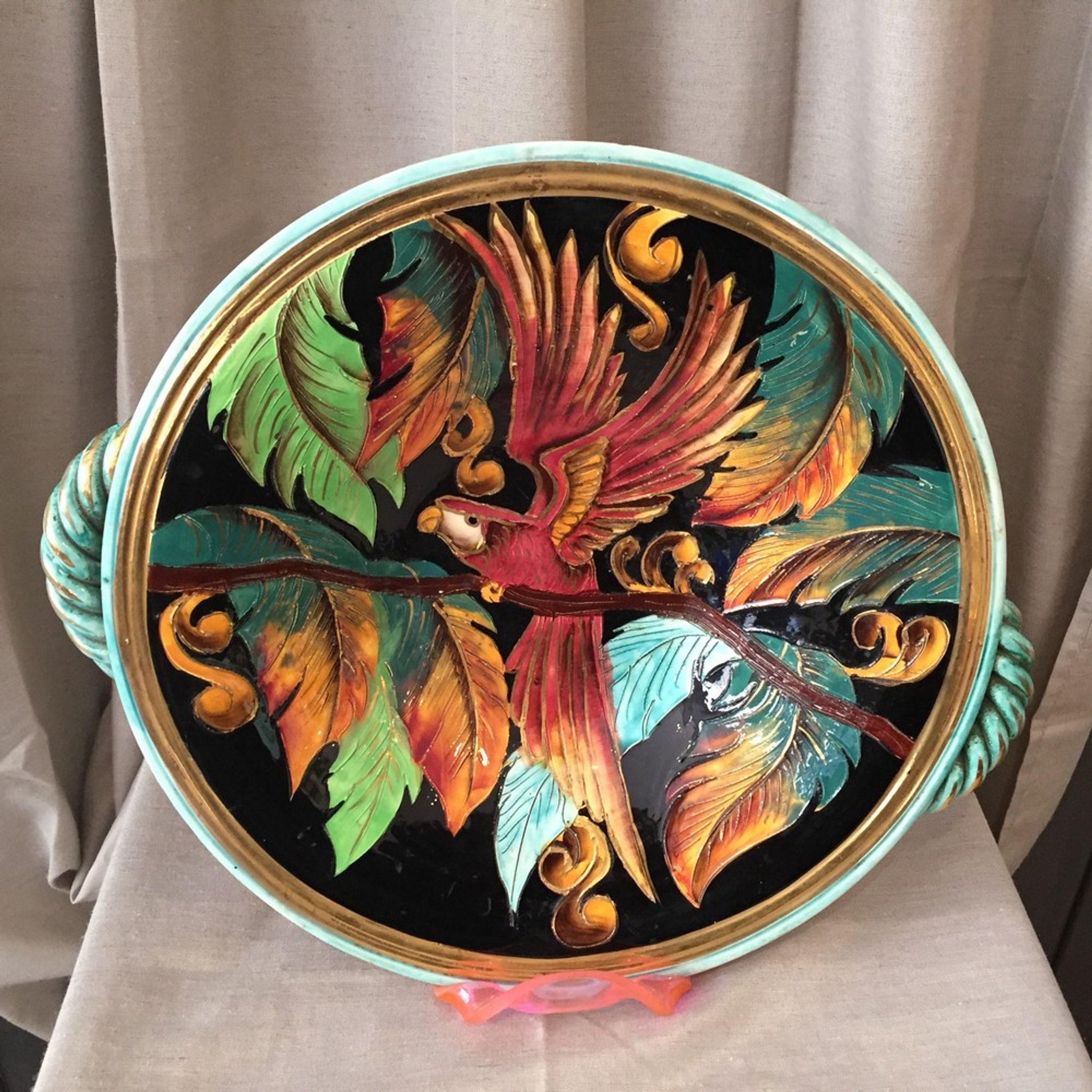 Fruit cup in vintage vallauris ceramic parrot foliage