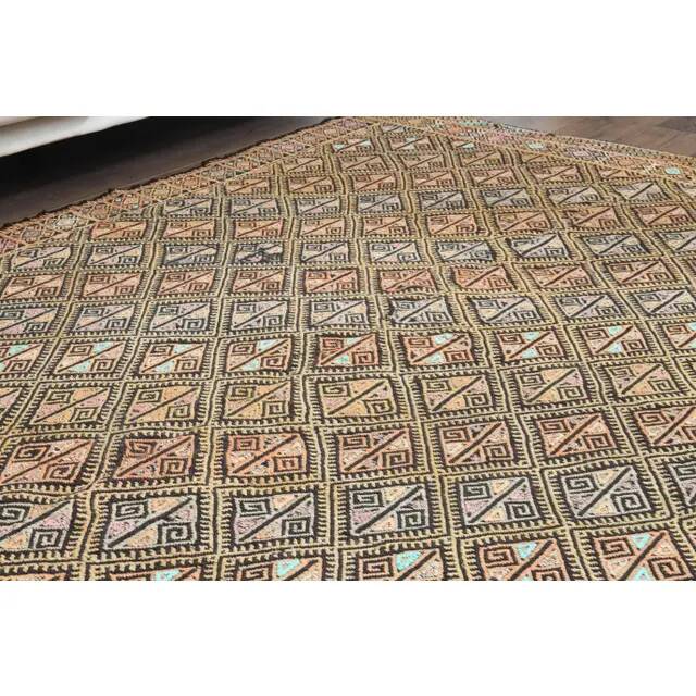 1970s vintage Turkish Oushak handmade wool cotton beige runner rug 185x212