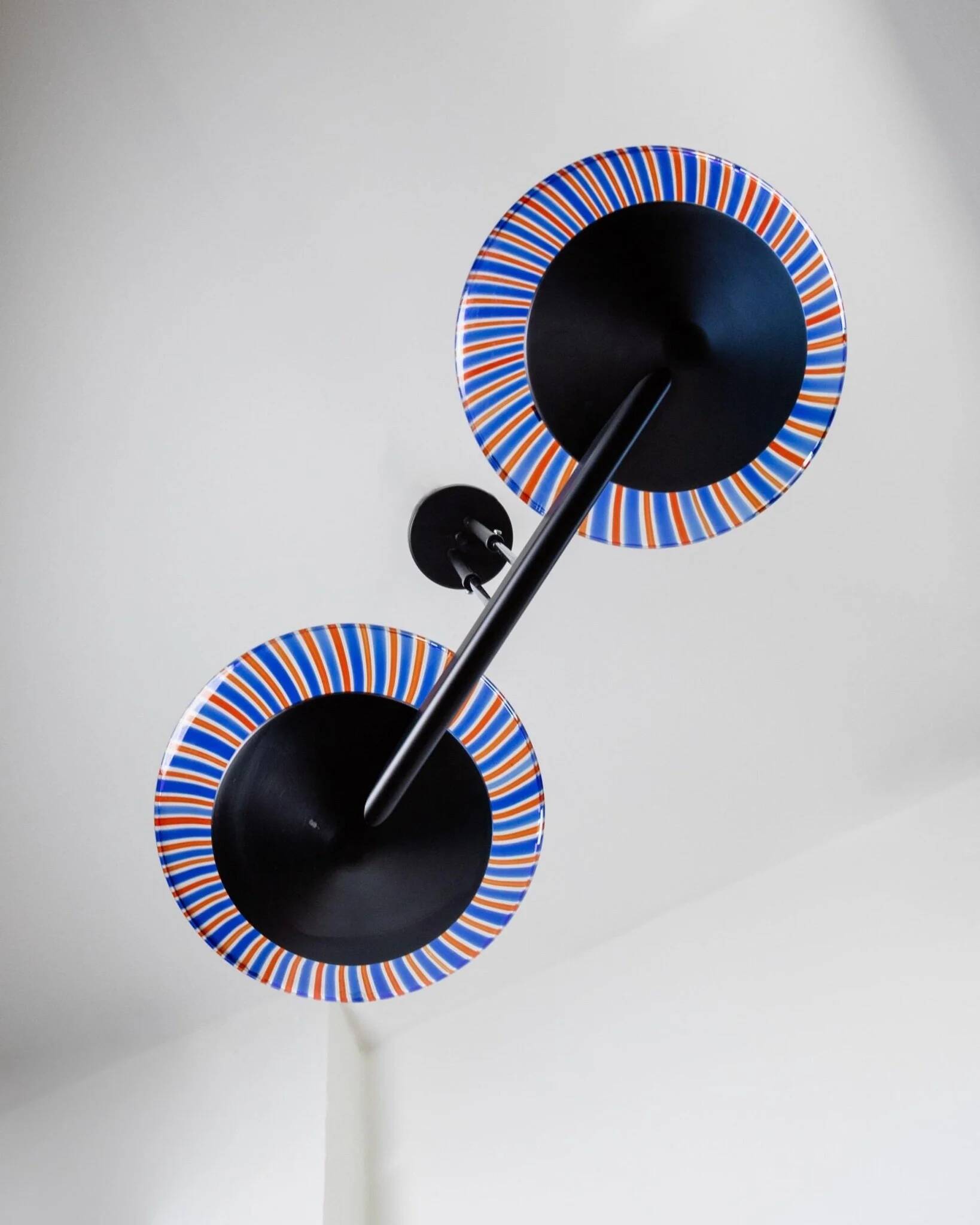 XXL vintage Murano glass chandelier - blue and red striped glass, black metal - Italy, Memphis style, 1980s