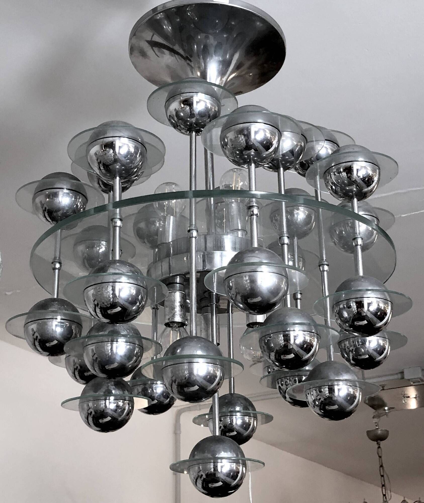Reggiani, Vintage Italian Space Age Glass and Chrome Chandelier, 1970s