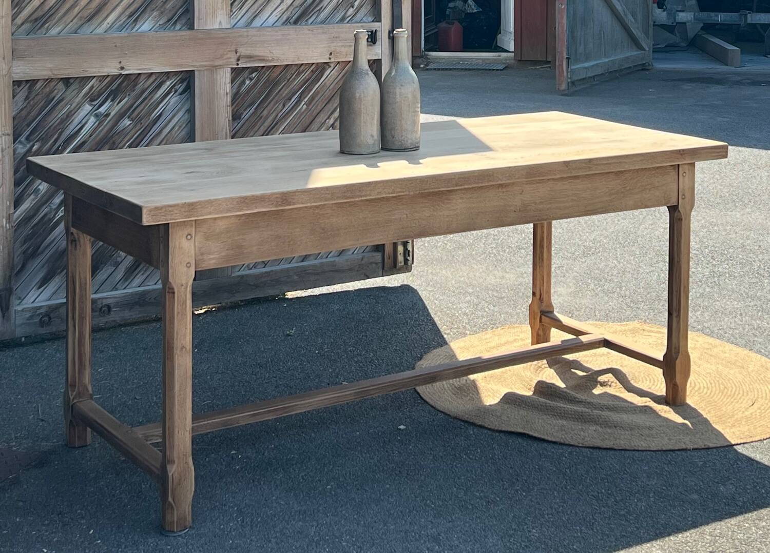 Large renovated antique table with 2 extensions in raw solid oak.