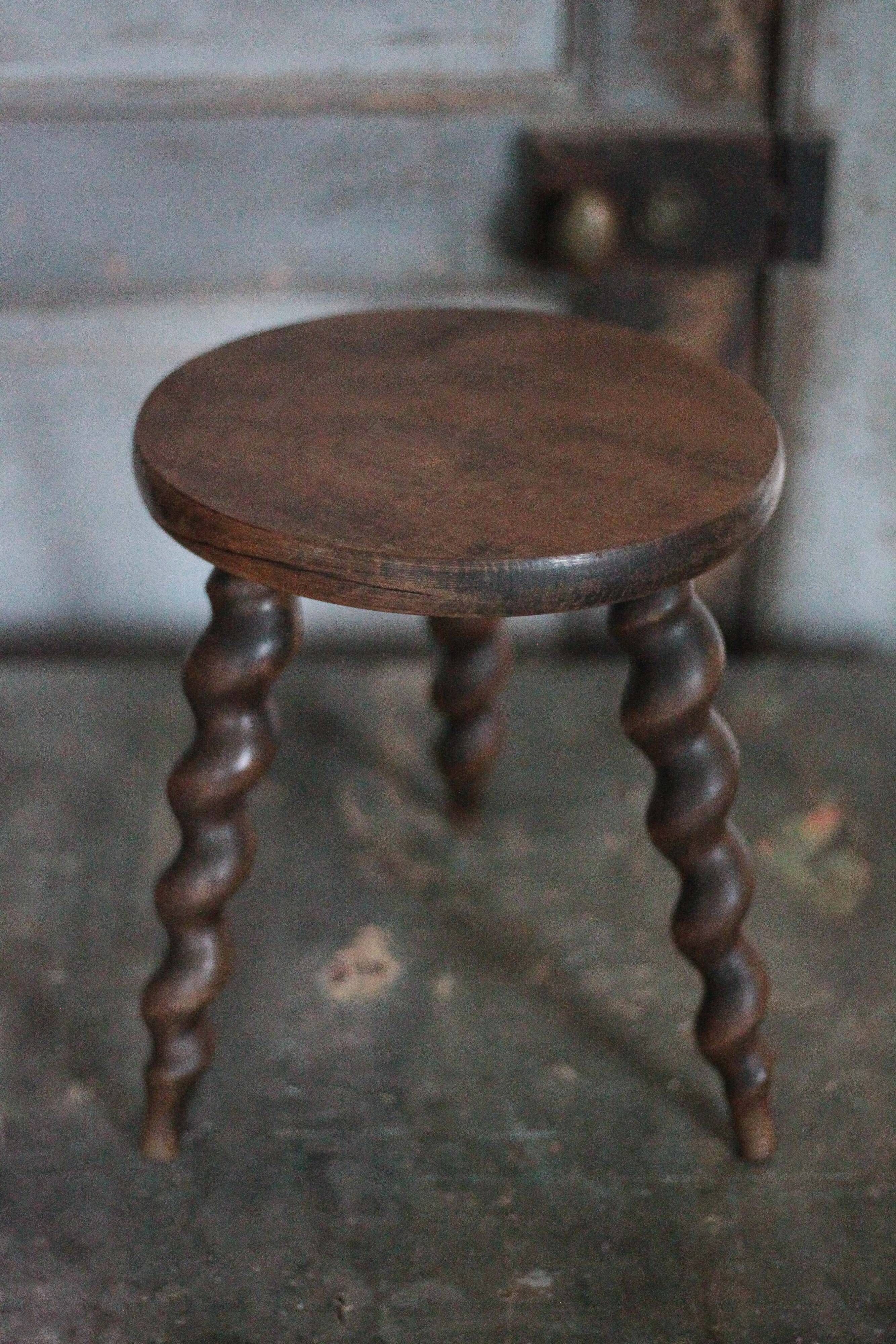 Vintage stool, wooden stool, tripod stool with turned legs, plant stand.