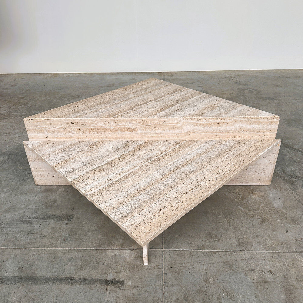 Up & Up large Italian Brutalist travertine coffee table, two-piece geometric mod