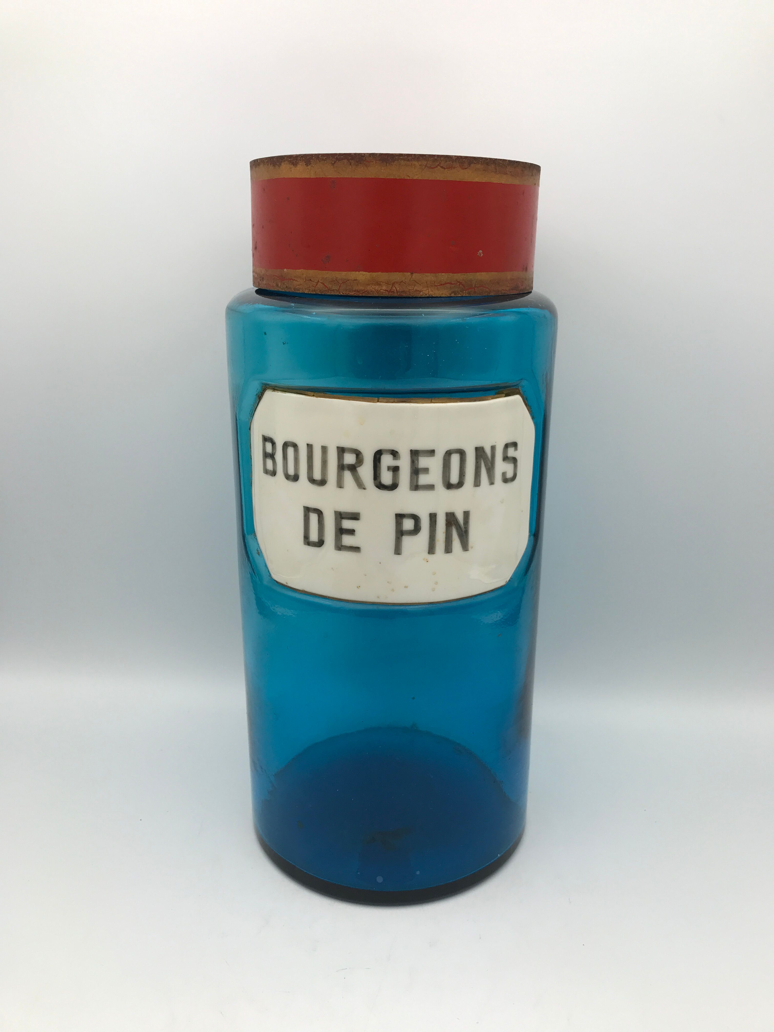 Flacon bocal de pharmacie apothicaire en verre bleu, plaque bourgeons de pin, 26,5 cm