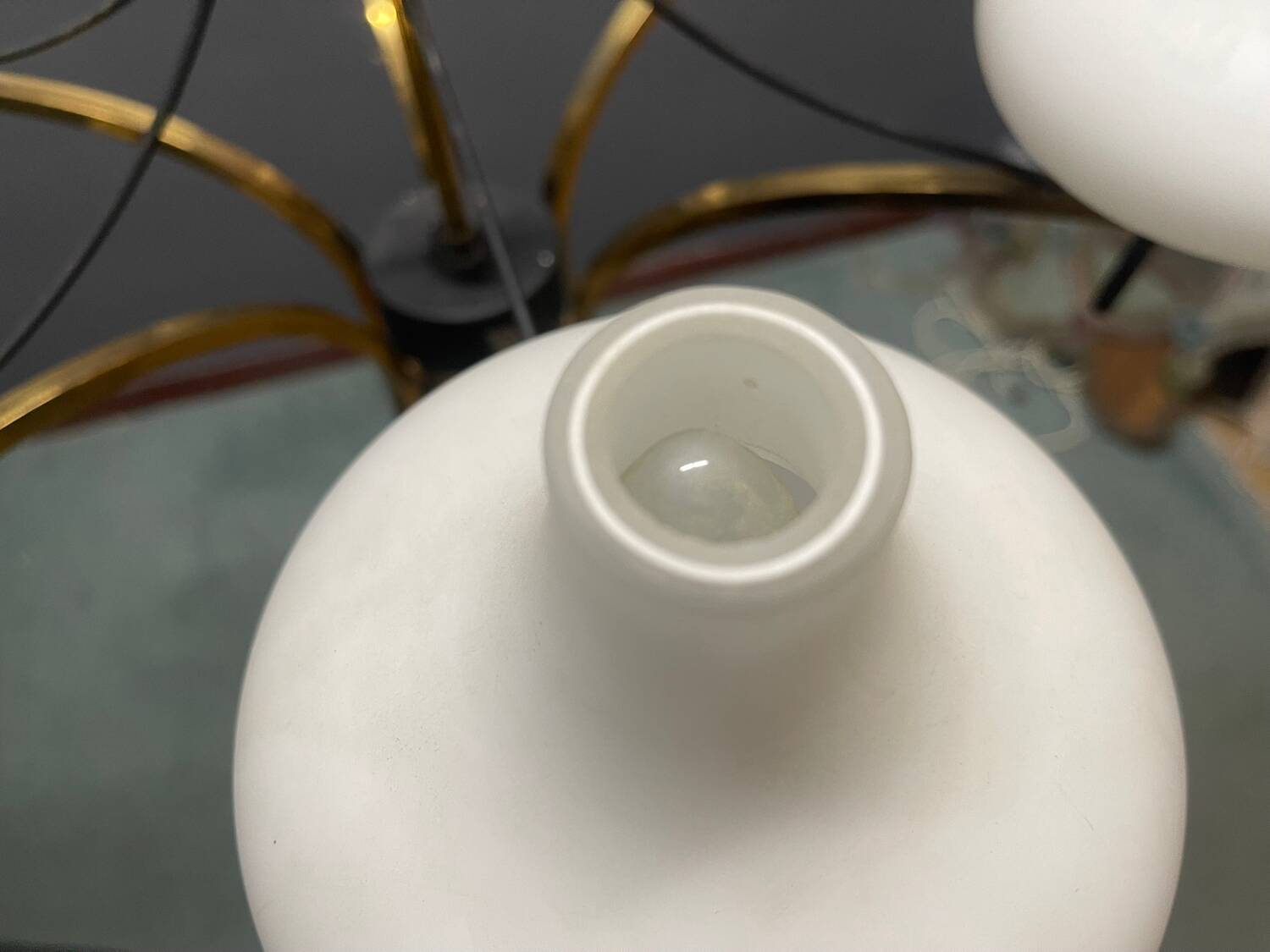 1950s Brass & Opaline Glass Six-Light Chandelier