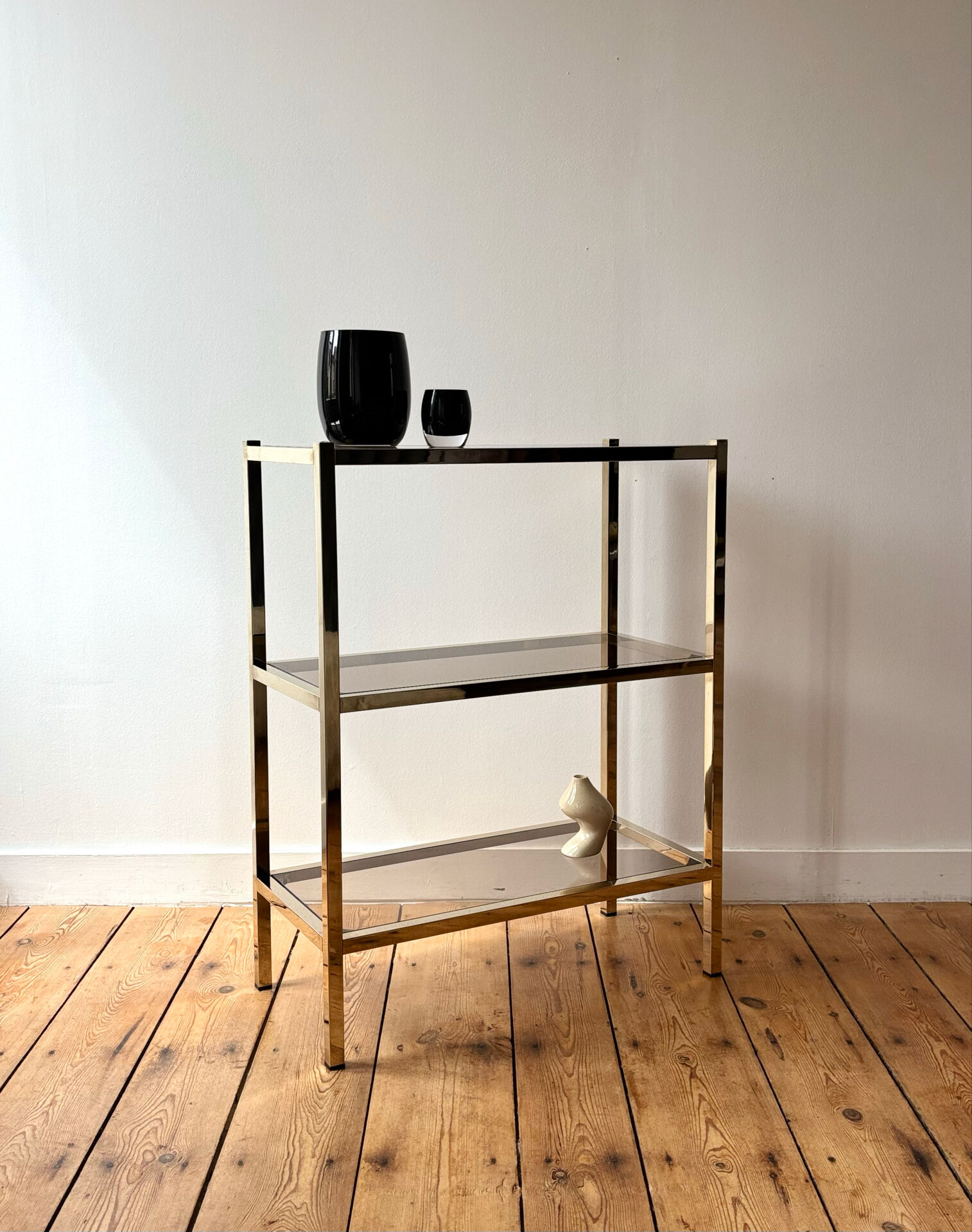 Brass and smoked glass library shelves