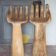 Pair of wooden chairs in the shape of a hand, wooden bar stool, wooden chair, chair.