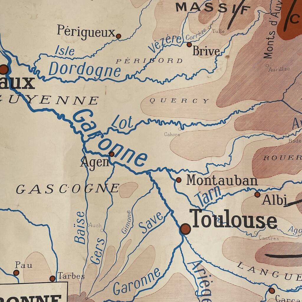Vintage school map 1950 double-sided "The Garonne / the Rhône"