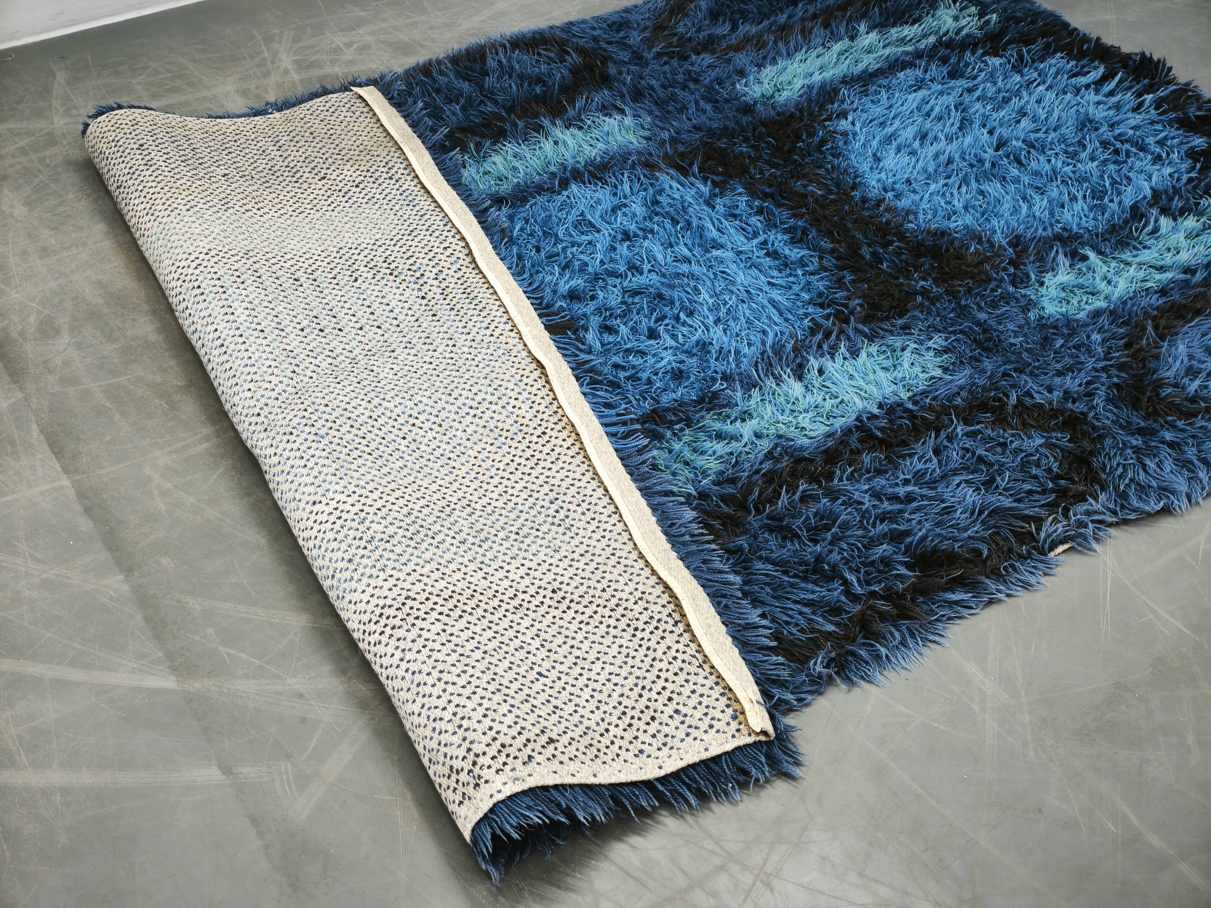 Large Danish Abstract Blue Wool Rya Rug in Ege Style