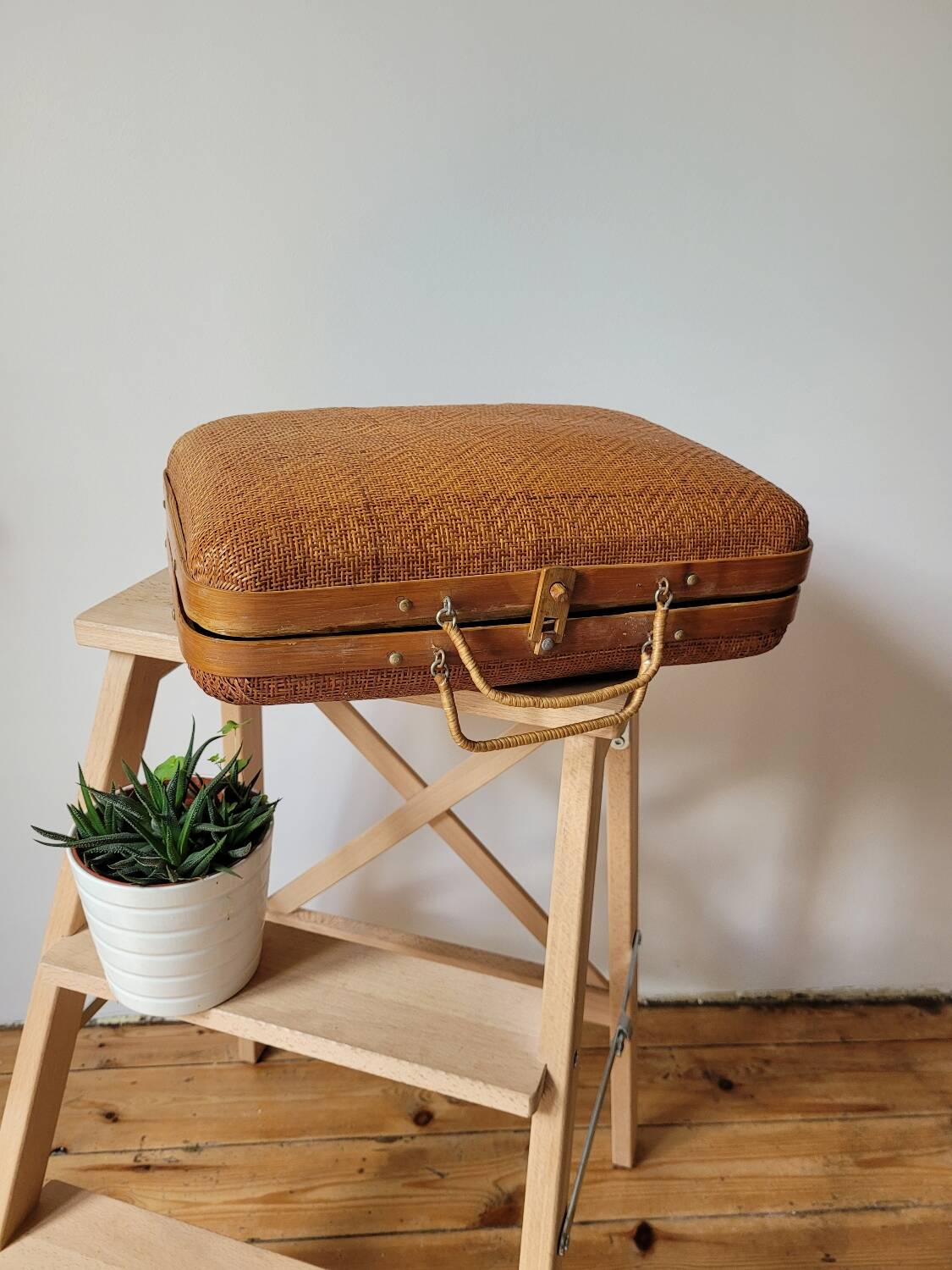 60s woven bamboo suitcase