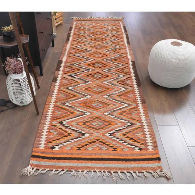 1970s Vintage Turkish Hand-Knotted Wool Cotton Orange Runner Rug 96x346
