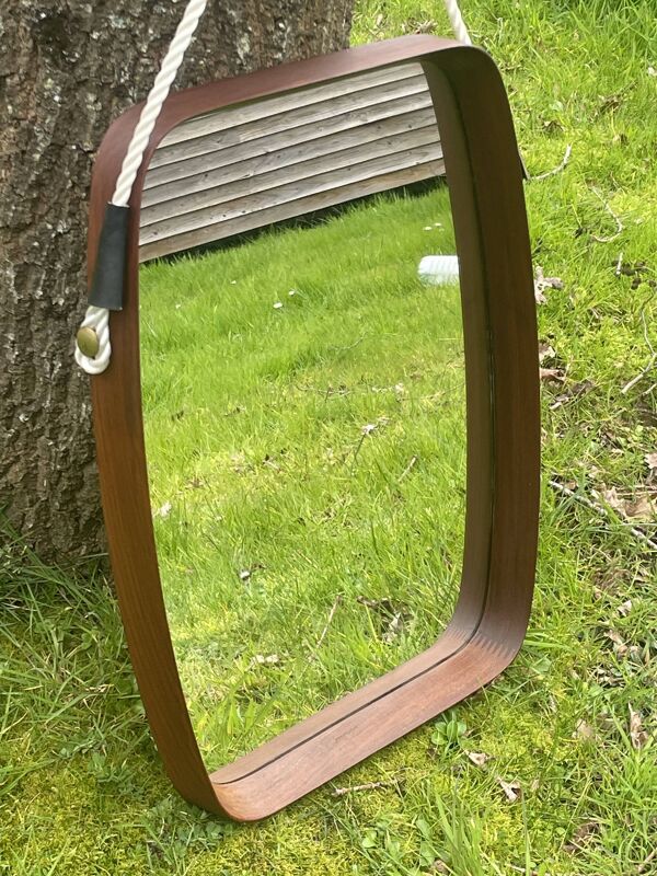 Ancien miroir teck scandinave forme tonneau vintage 50/60