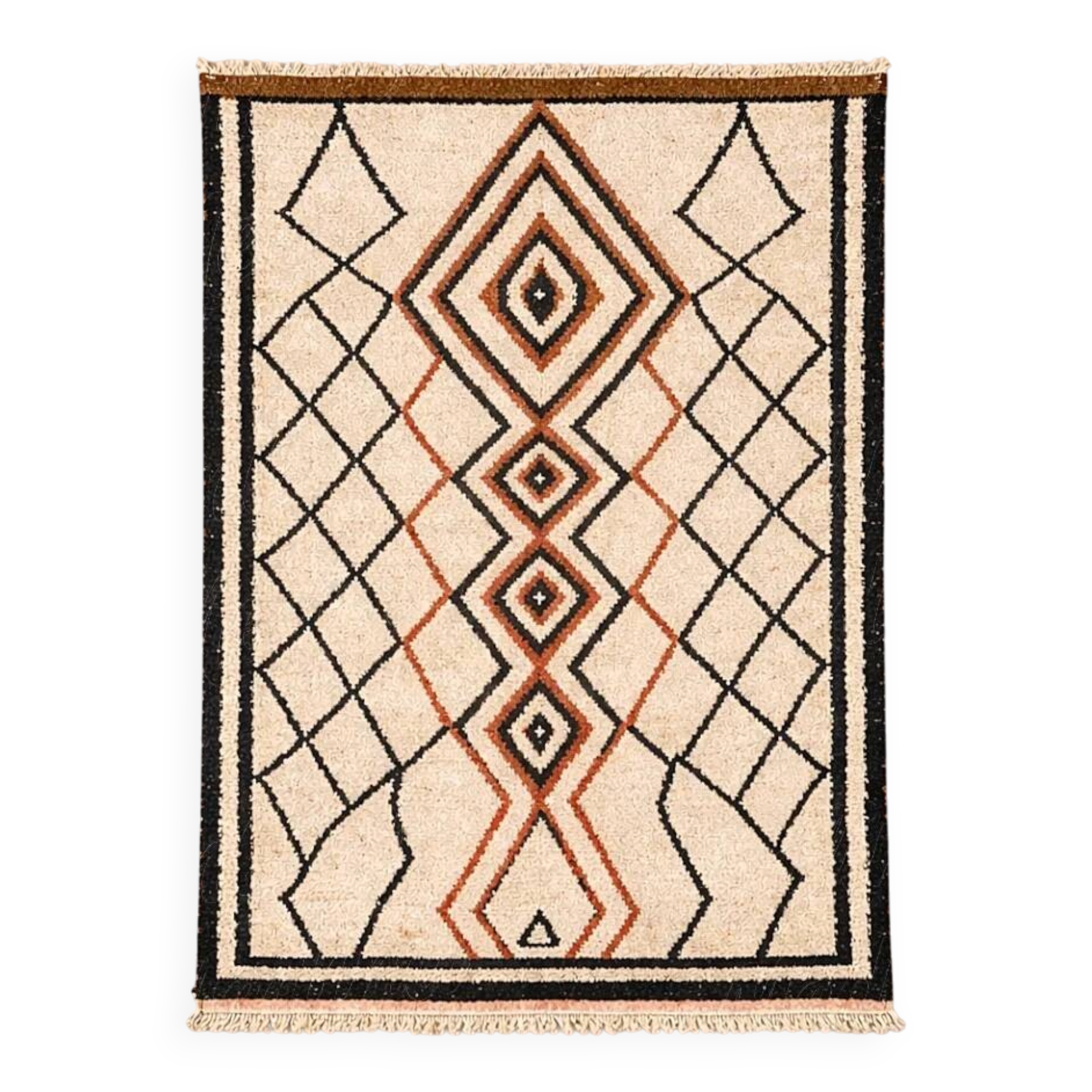 Ecru Berber rug with diamond patterns in structured Atlas style.