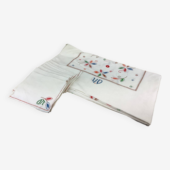 Nappe & 9 Serviettes lin anciennes monogramme