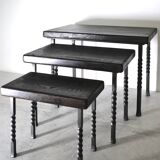 Brutalist nesting table in ebonized oak and wrought iron