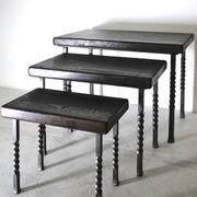 Brutalist nesting table in ebonized oak and wrought iron