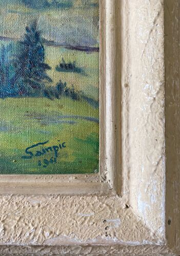 Tableau "Paysage de montagne" signé Sampic, artiste de l'Yonne 1952