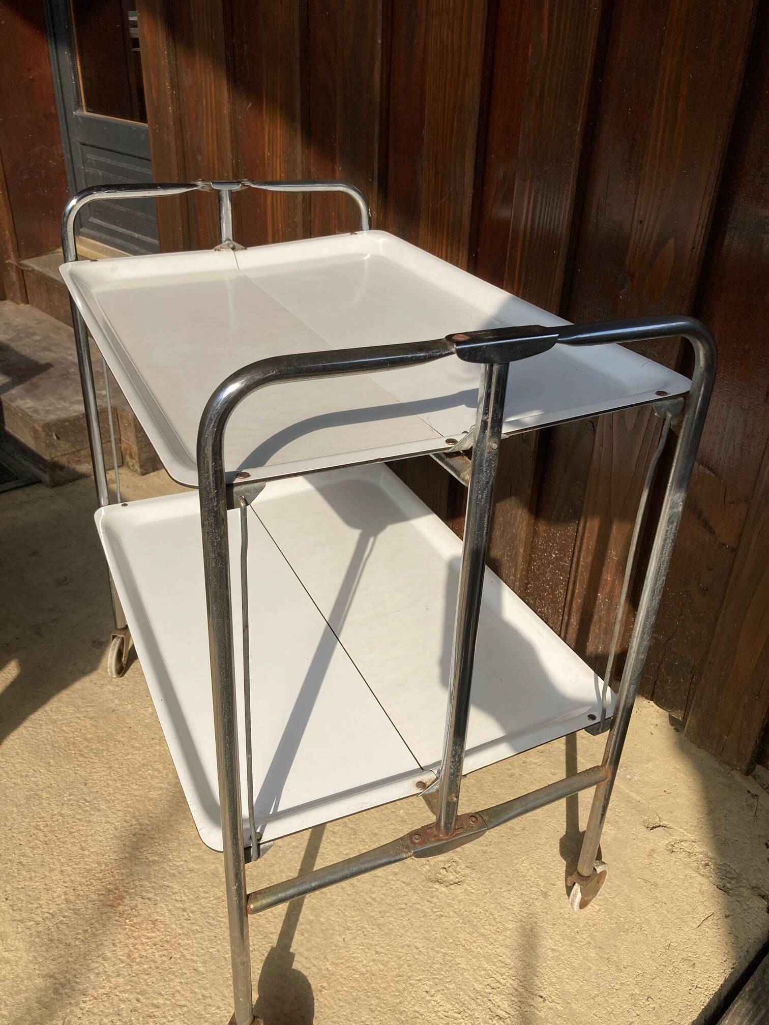 Vintage serving trolley, white folding table, 70s design, vintage.