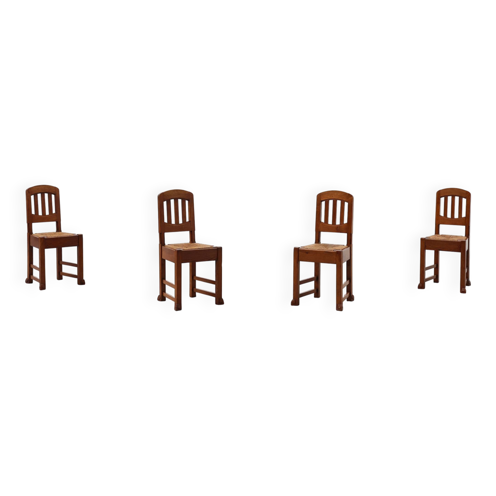 Set of 4 Early Art Deco Oak & Wicker Dining Chairs, Belgium, 1915