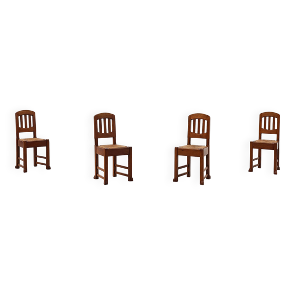 Ensemble de 4 chaises de salle à manger Art Déco en chêne et osier, Belgique, 1915