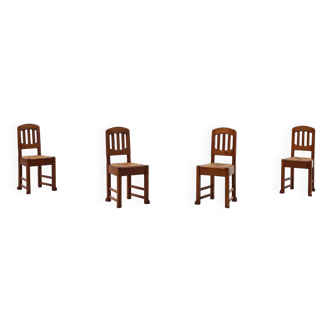 Set of 4 Early Art Deco Oak & Wicker Dining Chairs, Belgium, 1915