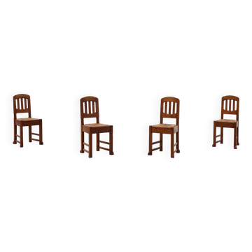 Set of 4 Early Art Deco Oak & Wicker Dining Chairs, Belgium, 1915