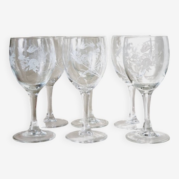 Lot de 6 verres à eau ou vin dépareillés oiseaux