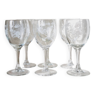 Lot de 6 verres à eau ou vin dépareillés oiseaux