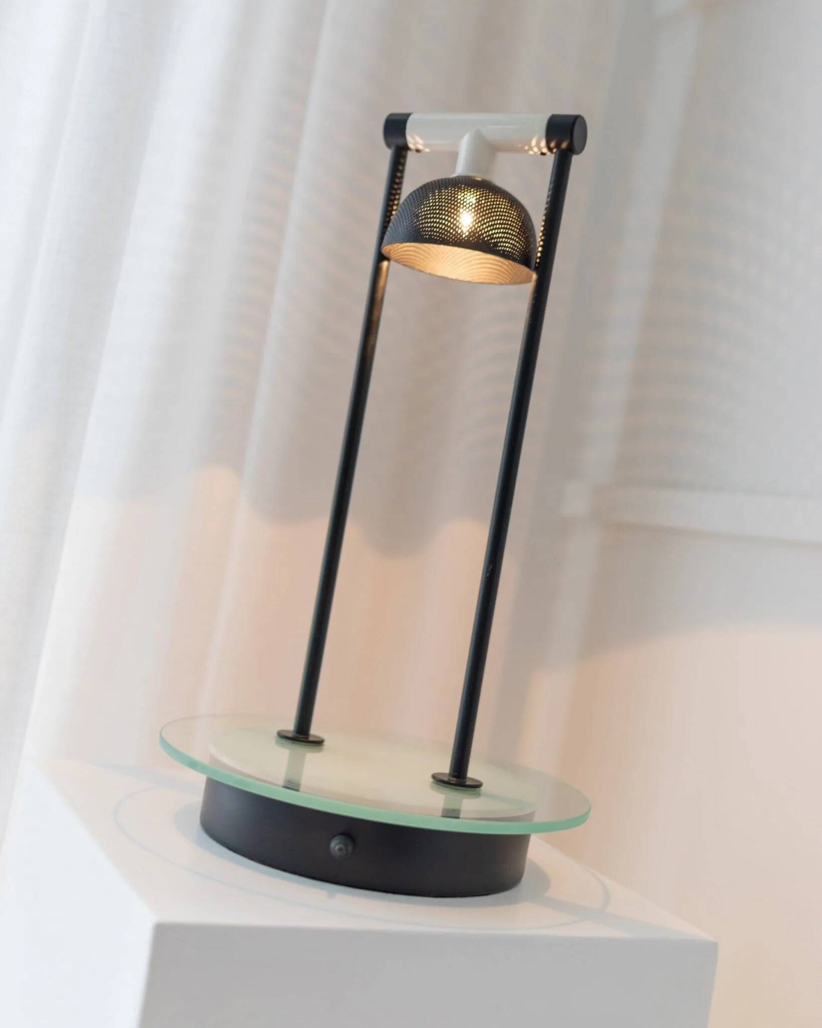 Vintage black metal table lamp with frosted glass disc, Italy, Postmodern Memphis 1980s
