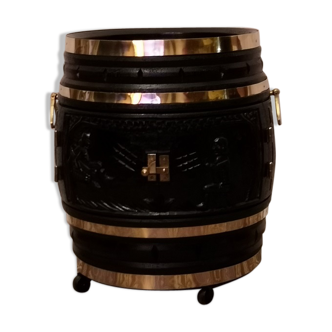 Barrel bar oak lacquered black brass 1970 vintage