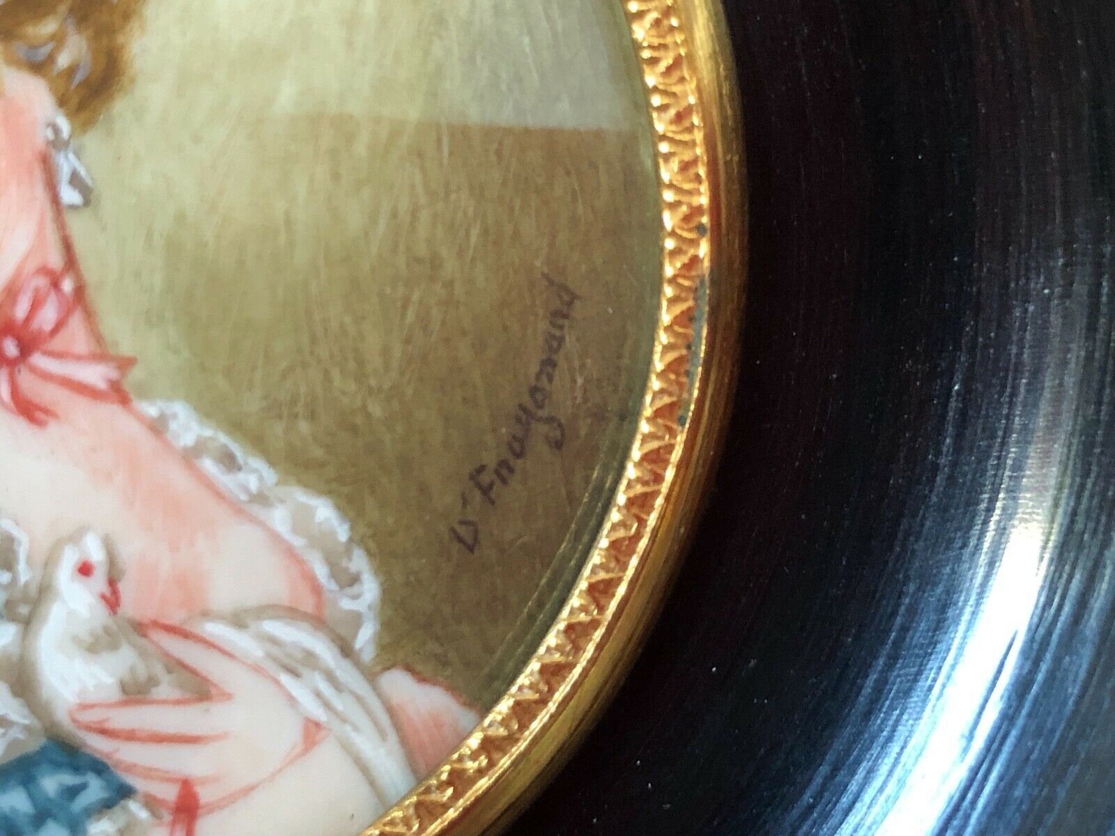 Miniature peinte à la main d'apres Fragonard cadre en bois vers 1900